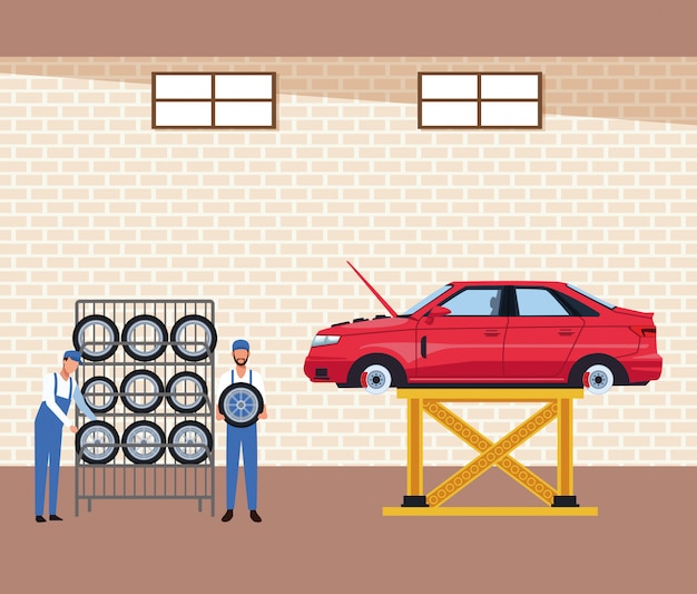 Vector taller de taller de automóviles con estante de neumáticos de automóvil y mecánica con automóvil levantado