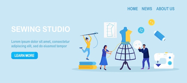 Talleres o cursos de costura y confección. Diseñadores de moda están confeccionando ropa. Herramientas de costura. Hilos de aguja. Maniquí. Modistas crean trajes y prendas en una máquina de coser.