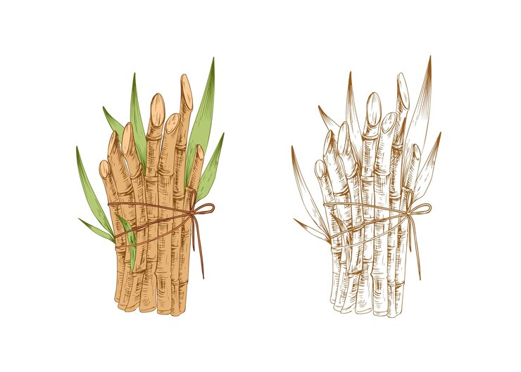 Vector tallos de colores y brotes de caña de azúcar y esbozo de caña de azúcar. dos racimos de plantas atados. elementos botánicos contorneados. ilustración de vector dibujado a mano aislado sobre fondo blanco.
