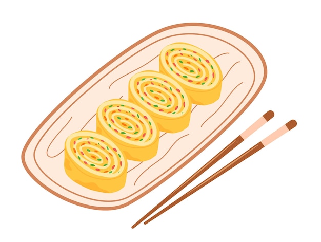 Tamagoyaki la tortilla enrollada japonesa en placa de madera rollo de huevo