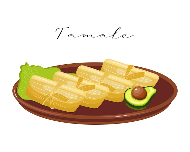 Vector tamal, masa con carne en hojas de maíz en plato de barro, cocina latinoamericana. cocina nacional