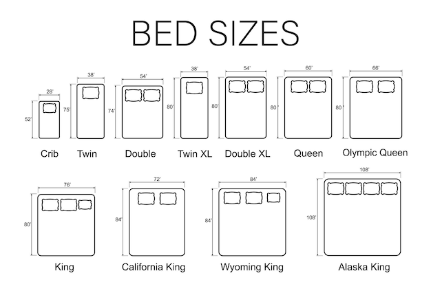 Tamaños de camas y colchones iconos de línea de colchones con dimensiones vectoriales