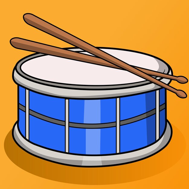 tambor azul vectorial y baquetas de madera. Instrumento musical.
