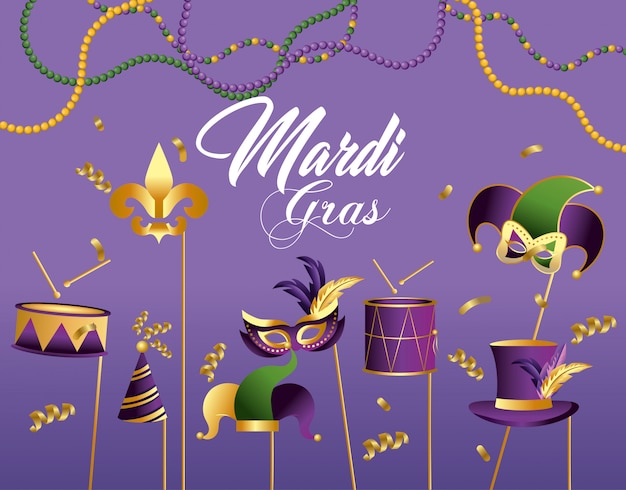 Tambor con decoración de máscara y sombrero para evento de merdi gras.