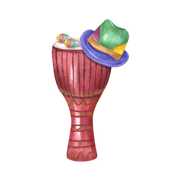 Tambor de Djembe con maracas de colores y sombrero de carnaval Ilustración en acuarela Instrumentos de percusión de música étnica tradicional Desfile brasileño de Mardi Gras Para cartel de felicitaciones