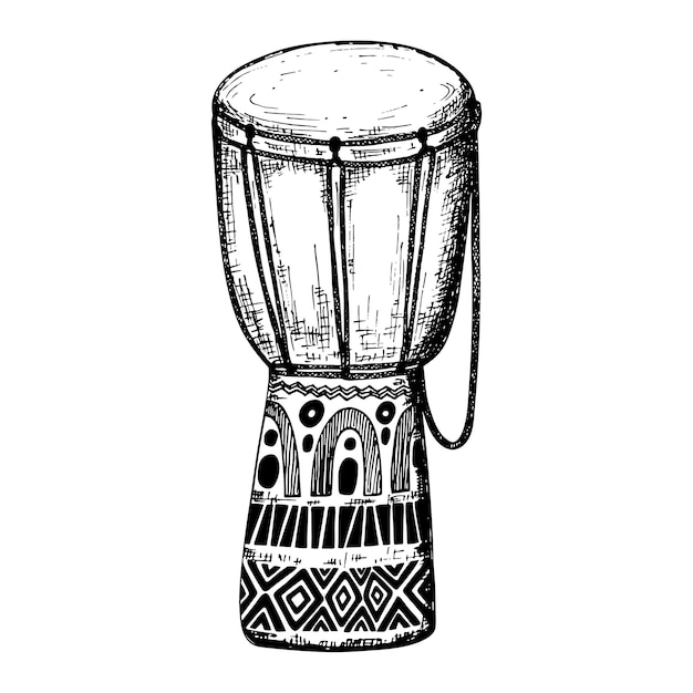 Vector tambor de estilo boceto dibujado a mano. instrumento musical africano. ilustración en blanco y negro.