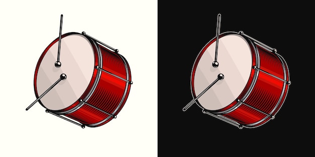 Vector tambor rojo brillante con baquetas instrumento musical de percusión tradicional para espectáculo de carnaval vacaciones vista lateral