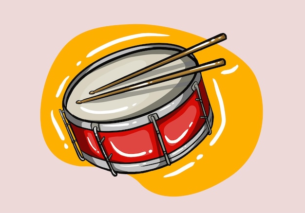 Vector tambor rojo dibujado a mano y baquetas de madera instrumento musical percusión de estilo de dibujos animados