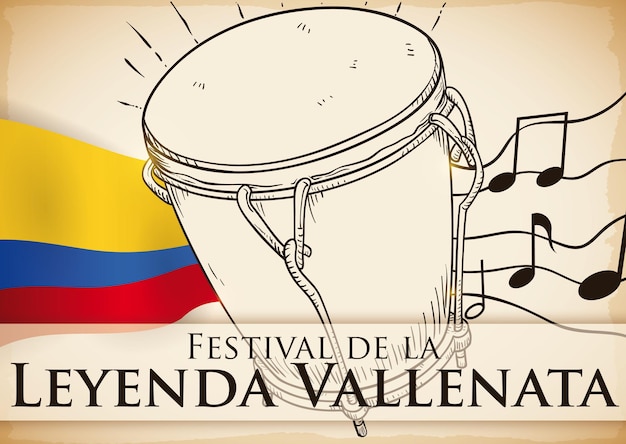 Vector el tambor tradicional caja vallenata y las notas musicales para celebrar el festival colombiano de la leyenda vallenato