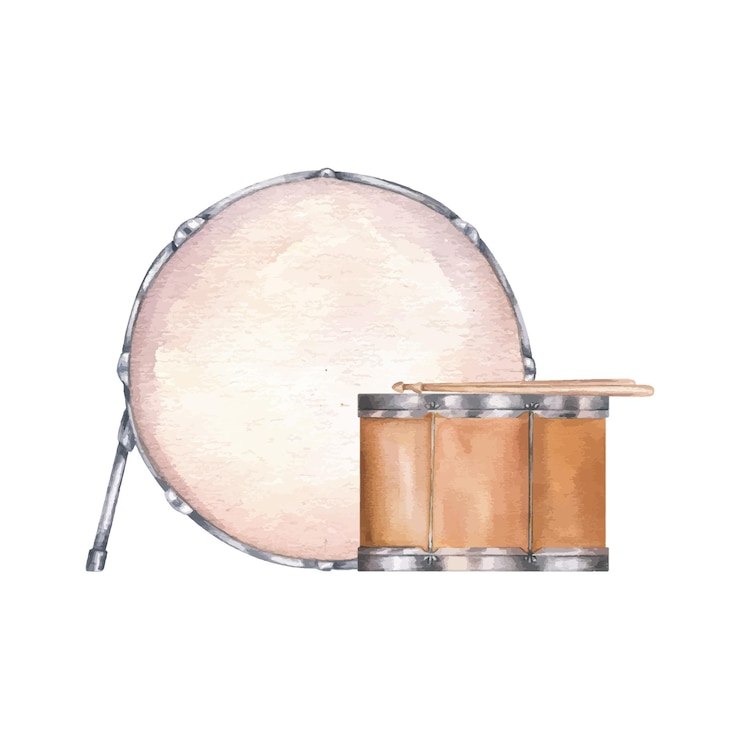 Vector tambores de acuarela con palos ilustración de fondo aislado instrumento musical de percusión en estilo realista elemento de orquesta pintado a mano para invitación de póster de festival de jazz rock
