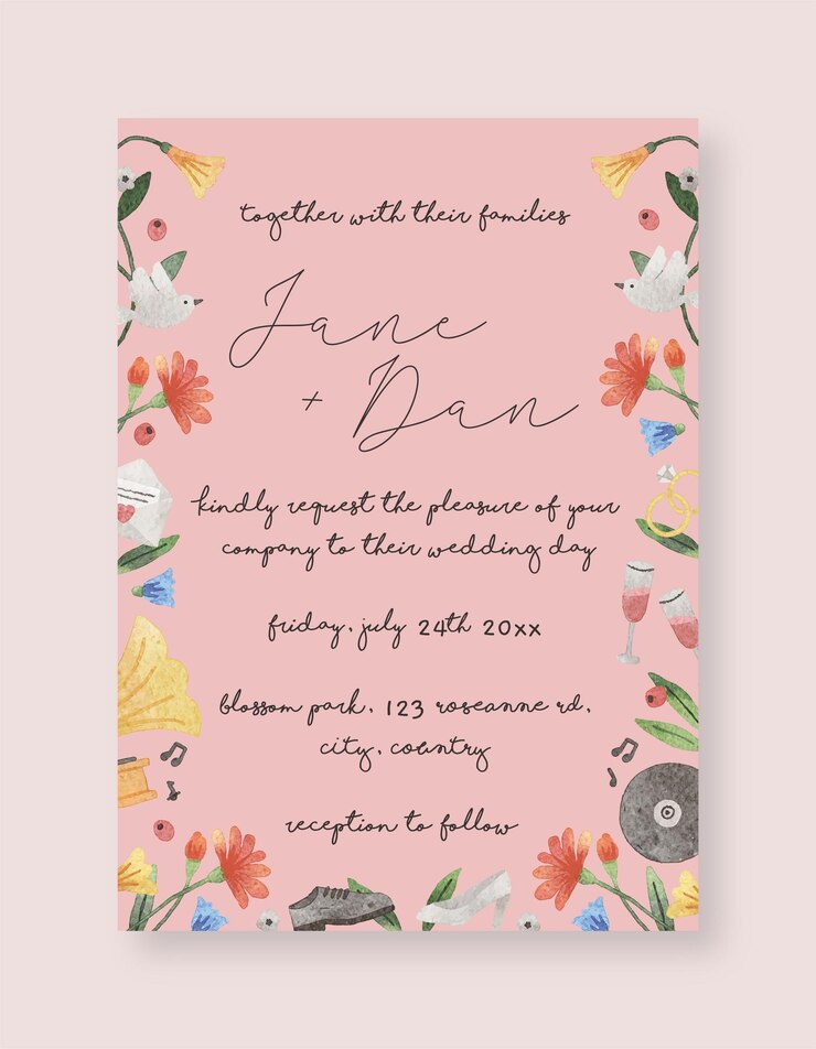 Vector tamplate de invitación de boda simple con ilustración de acuarela dibujada a mano