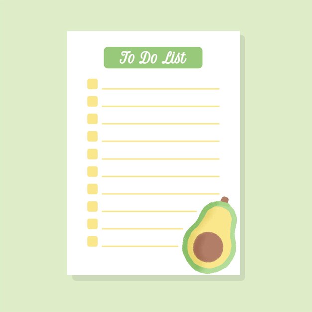 Vector tamplate de lista de tareas con lindo aguacate dibujado a mano