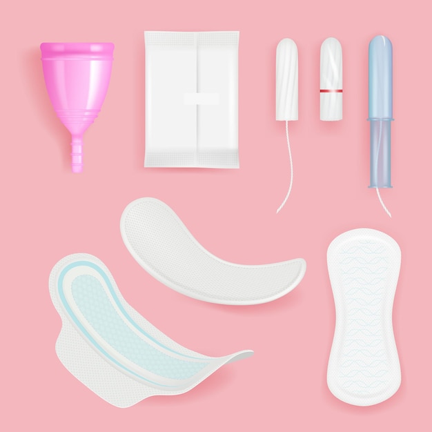 Vector tampón de mujer. todos los días, almohadilla absorbente suave y fresca para la higiene de las mujeres, cuidado sanitario, ilustraciones realistas de vectores. tampón o compresa menstrual de mujer