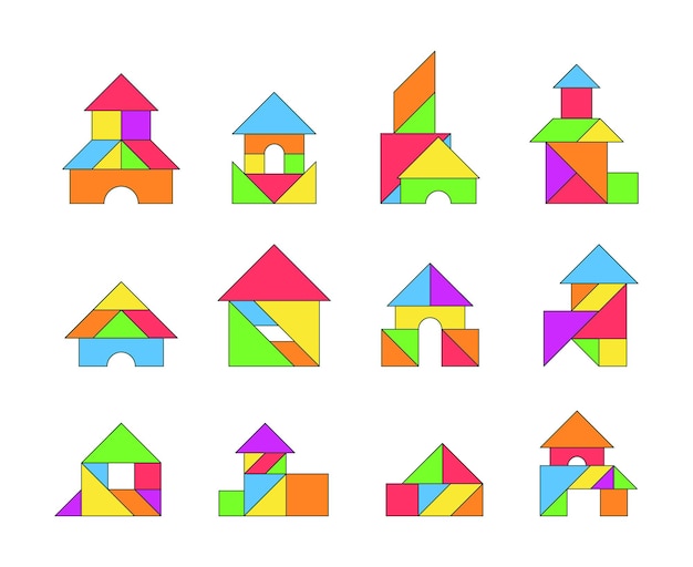 Tangram casas Rompecabezas geométricos de triángulos formas juego lógico para niños edificios estilizados vectoriales chillones