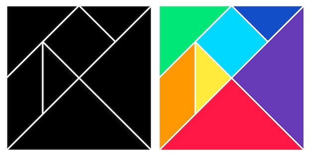 Tangram juego de cerebro con base cuadrada negra y colorida