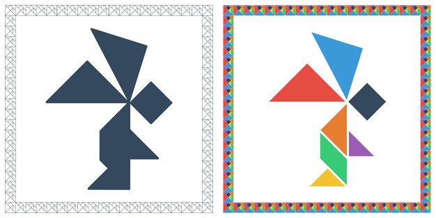 Tangram juego mental ANGEL acertijo y respuesta color de interfaz de usuario plana