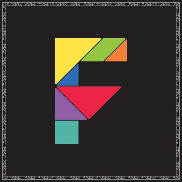 Vector tangram rompecabezas letra f alfabeto ilustraciones geométricas coloridas
