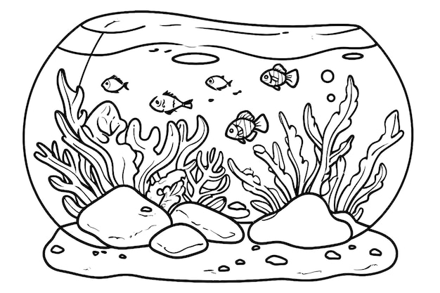 Vector tanque de peces con algas y piedras de roca para su libro de colorear