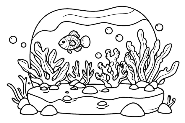 tanque de peces con algas y piedras de roca para su libro de colorear