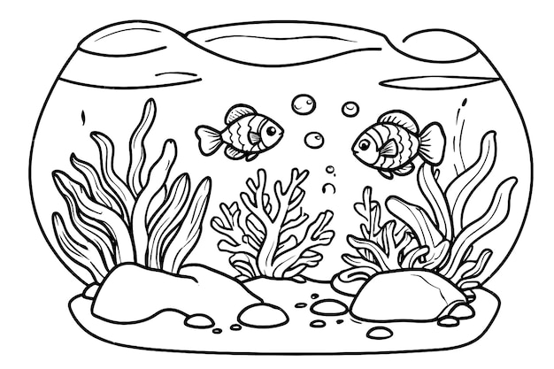 Vector tanque de peces con algas y piedras de roca para su libro de colorear