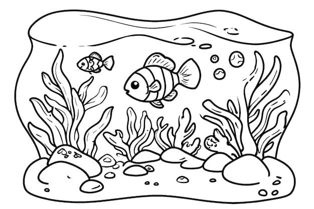 tanque de peces con algas y piedras de roca para su libro de colorear