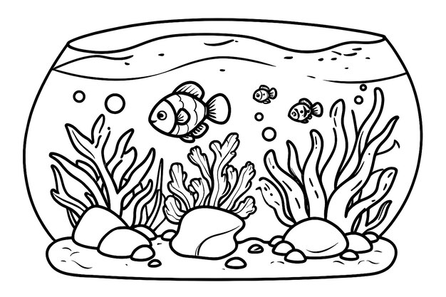 Vector tanque de peces con algas y piedras de roca para su libro de colorear