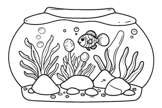 tanque de peces con algas y piedras de roca para su libro de colorear