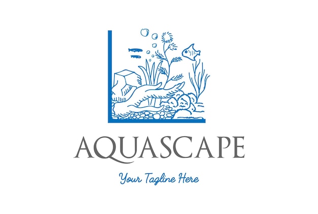 Vector tanque de peces con madera de coral de roca y algas para diseño de logotipo aquascape de acuario