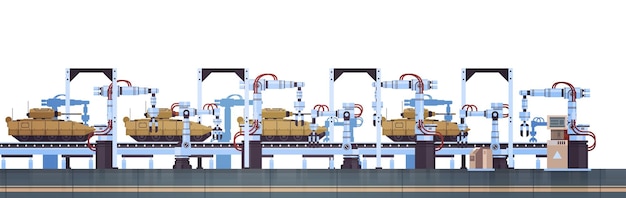 Tanques en línea transportadora de montaje con brazos robóticos transporte de batalla especial equipo militar producción de vehículos de combate blindados pesados