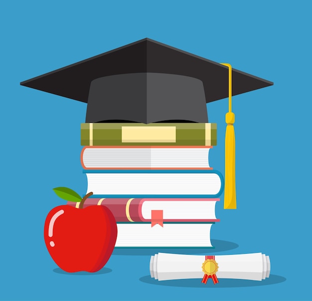 Tapa de graduación en libros apilados, tablero de mortero con pila de libros y diploma, manzana, símbolo de educación, aprendizaje, conocimiento, inteligencia, ilustración vectorial en estilo plano