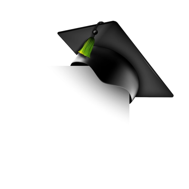 Tapa de graduación o tablero de mortero en la esquina de papel Elemento de diseño de educación vectorial aislado sobre fondo blanco