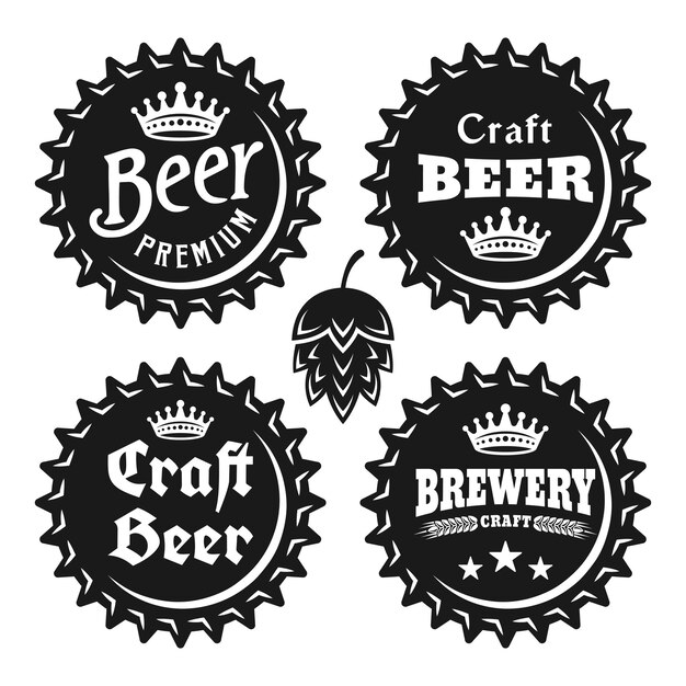 Vector tapas de cerveza con texto conjunto de objetos vintage monocromos vectoriales aislados sobre fondo blanco