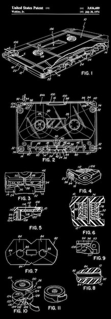 Vector tape cassette patent print art 1974 (cassette de cinta) es una de las más conocidas obras de arte de la época.