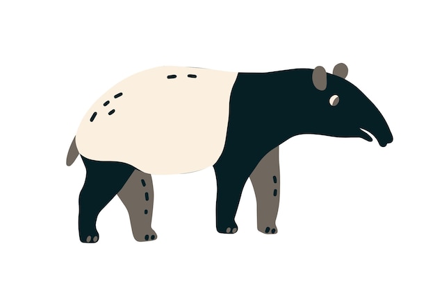 Tapir malayo con tronco de nariz alargada. Animal asiático aislado sobre fondo blanco. Ilustración de vector plano coloreado de mamífero indio salvaje aislado sobre fondo blanco.