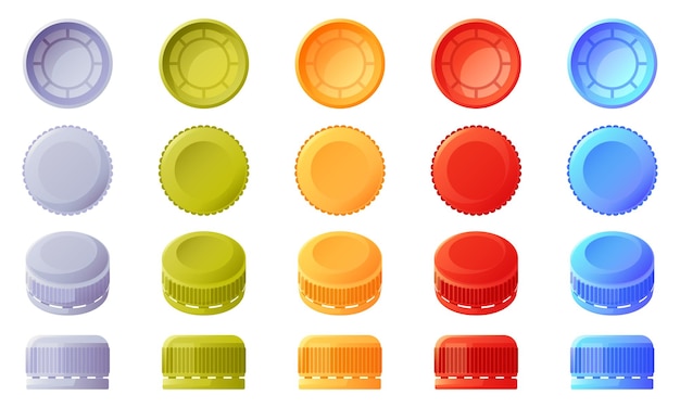 Tapón de botella de diferentes colores Conjunto de tapones desde diferentes ángulos vista superior e inferior vista lateral