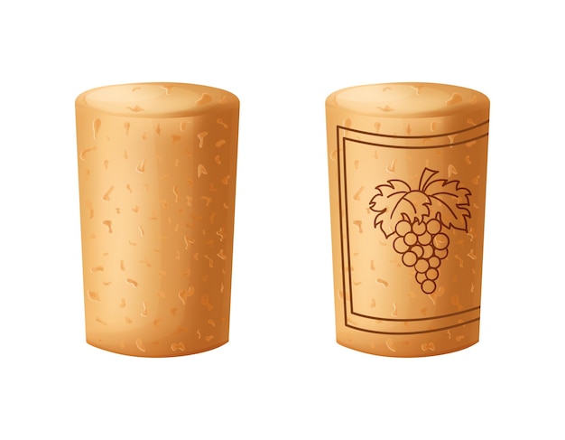 Tapón de corcho de vino de madera con textura de estilo de dibujos animados Tapón de madera de corcho con racimo de uva Ilustración vectorial sobre fondo blanco