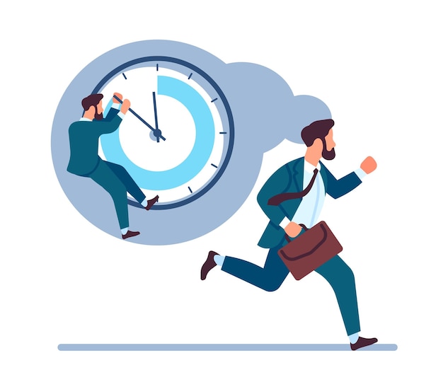 Tarde para el trabajo Hombre corriendo a la oficina Trabajador pensando en el reloj Empresario de prisa Empleado en ejecución Gestión del tiempo Hombre de ansiedad en traje formal con maletín Concepto de vector