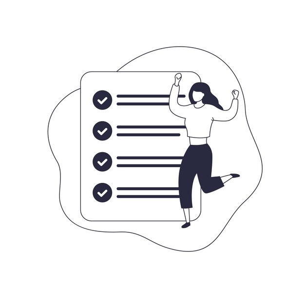 Tarea completada para hacer una lista de ilustración vectorial mínima con mujer y lista de verificación