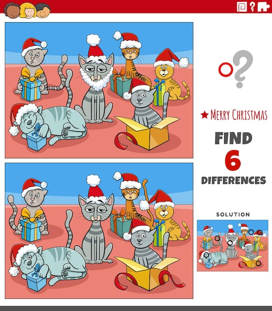 Vector tarea de diferencias con gatos con regalos de navidad.