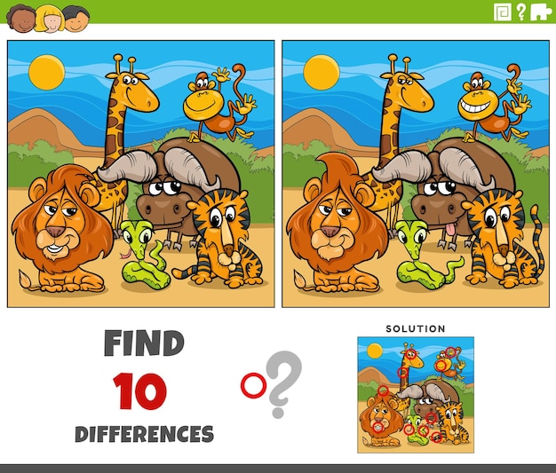 Tarea de diferencias con personajes de animales de Safari de dibujos animados