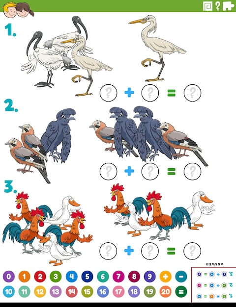 Tarea educativa de adición matemática con personajes de pájaros de dibujos animados