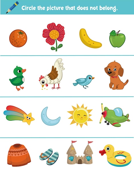 Tarea educativa para niños Encierre en un círculo la imagen que no pertenece a la ilustración vectorial