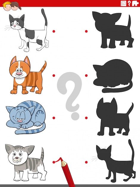 Tarea educativa de sombra con divertidos personajes de gatos