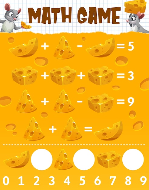 Tarea de hoja de trabajo de juego de matemáticas de queso y ratas de dibujos animados