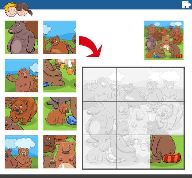 Tarea de rompecabezas con personajes de animales de osos de dibujos animados