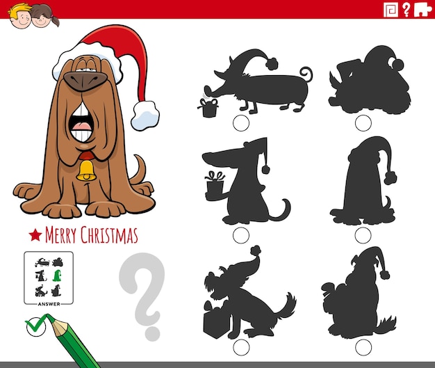 Tarea de sombra para niños con personaje de perro de dibujos animados en navidad