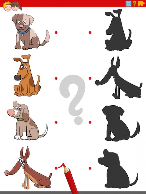 Tarea de sombra con perros y cachorros de dibujos animados