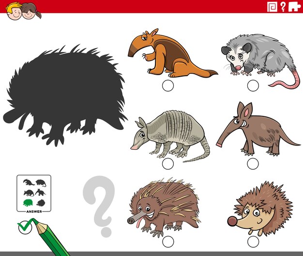 Tarea de sombras con personajes de animales salvajes de dibujos animados