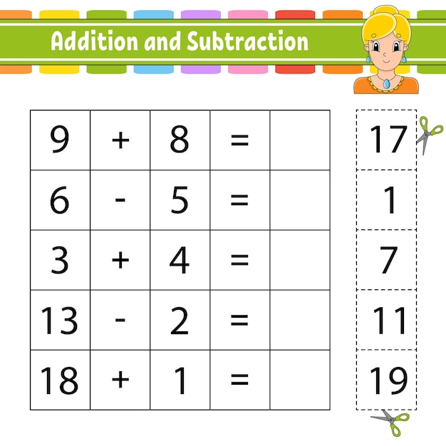 Tarea de suma y resta para niños cortar y pegar hoja de trabajo de desarrollo educativo página de actividad