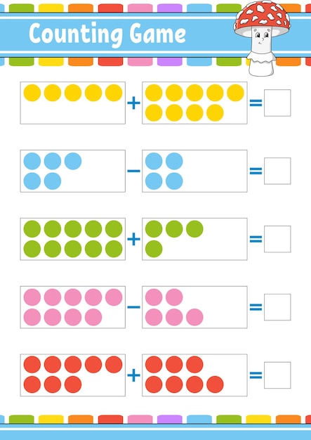 Tarea de suma y resta para niños Hoja de trabajo de desarrollo educativo Página de color de actividad Juego para niños Estilo de dibujos animados de personajes divertidos Ilustración vectorial